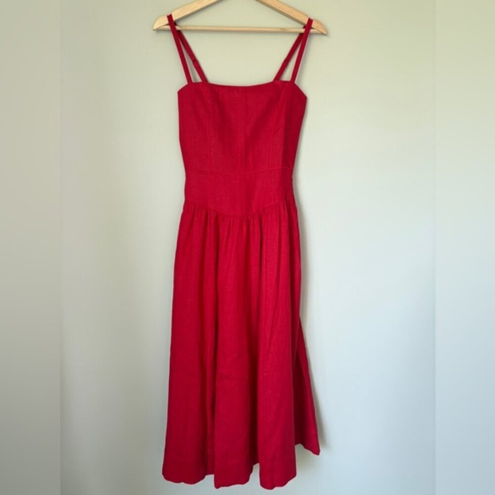 Reformation Katarin Linen Midi Dress Lipstick Red Lace Detail | US 2 UK 6 - Picture 9 of 14